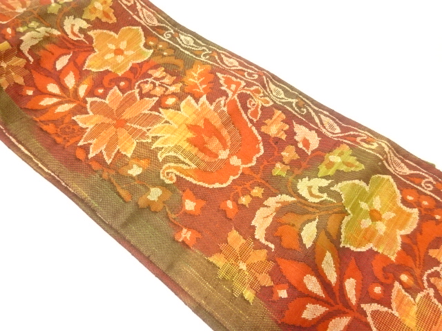 手織り真綿紬花更紗模様織出し名古屋帯